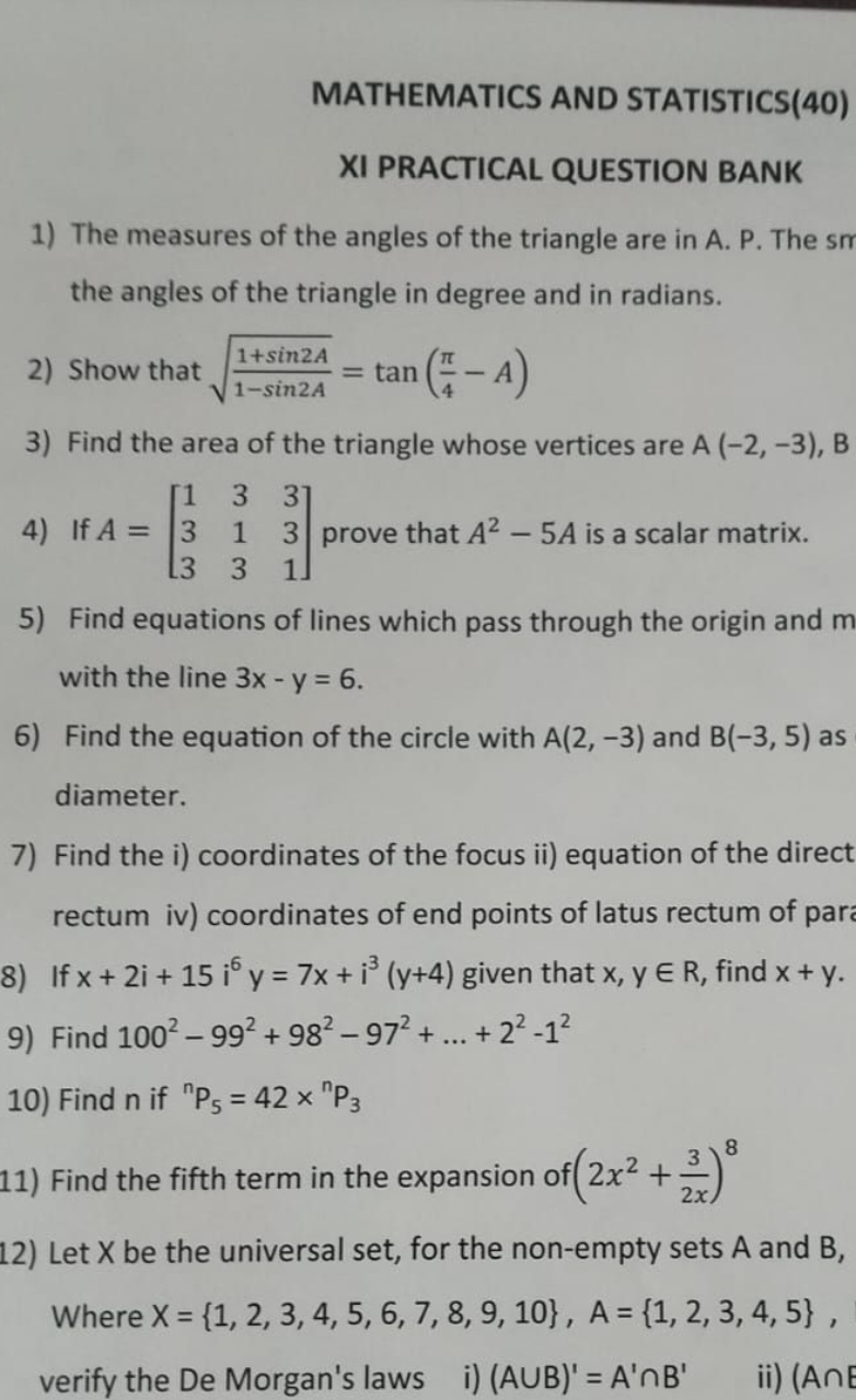 MATHEMATICS AND STATISTICS(40) XI PRACTICAL QUESTION BANK