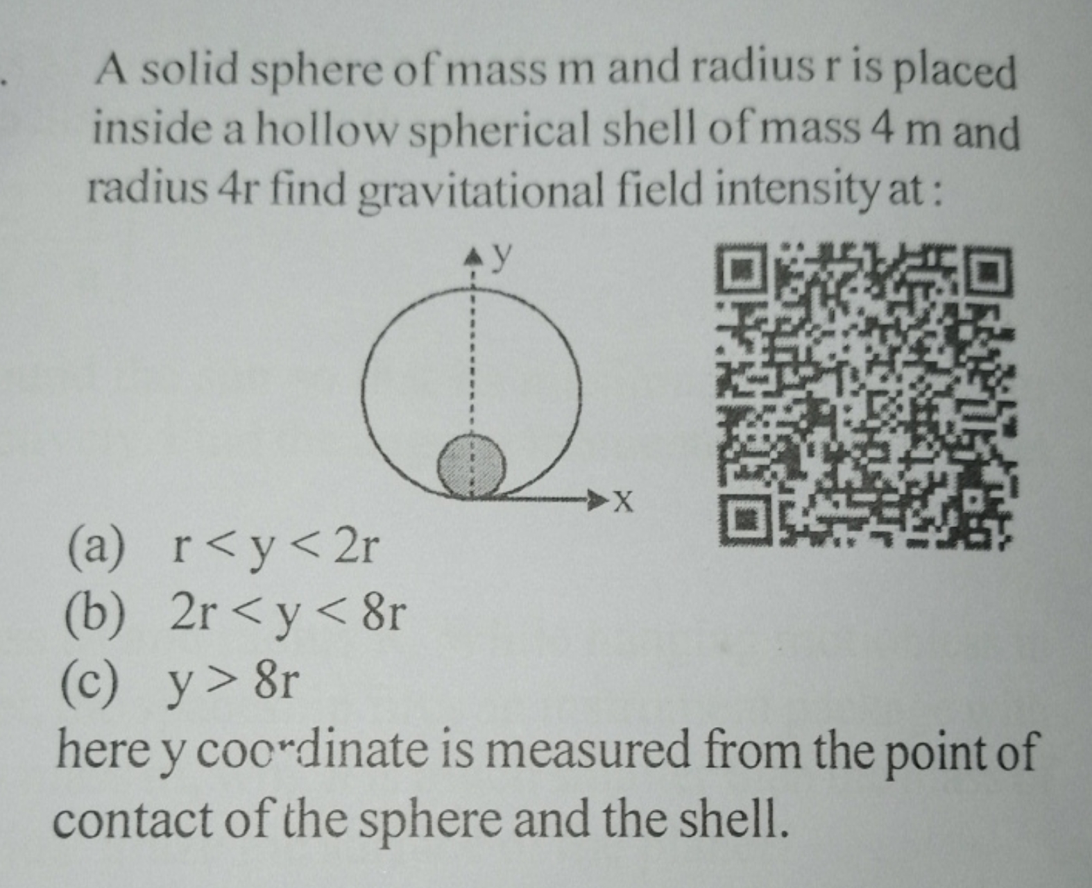 A solid sphere of mass m and radius r is placed inside a hollow spheri