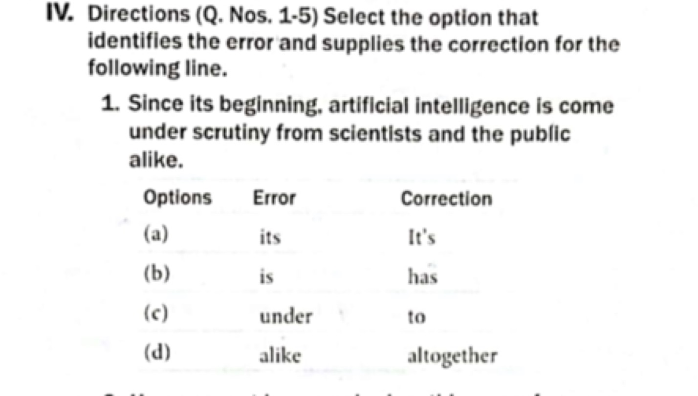 Directions (Q. Nos. 1-5) Select the option that identifles the error a