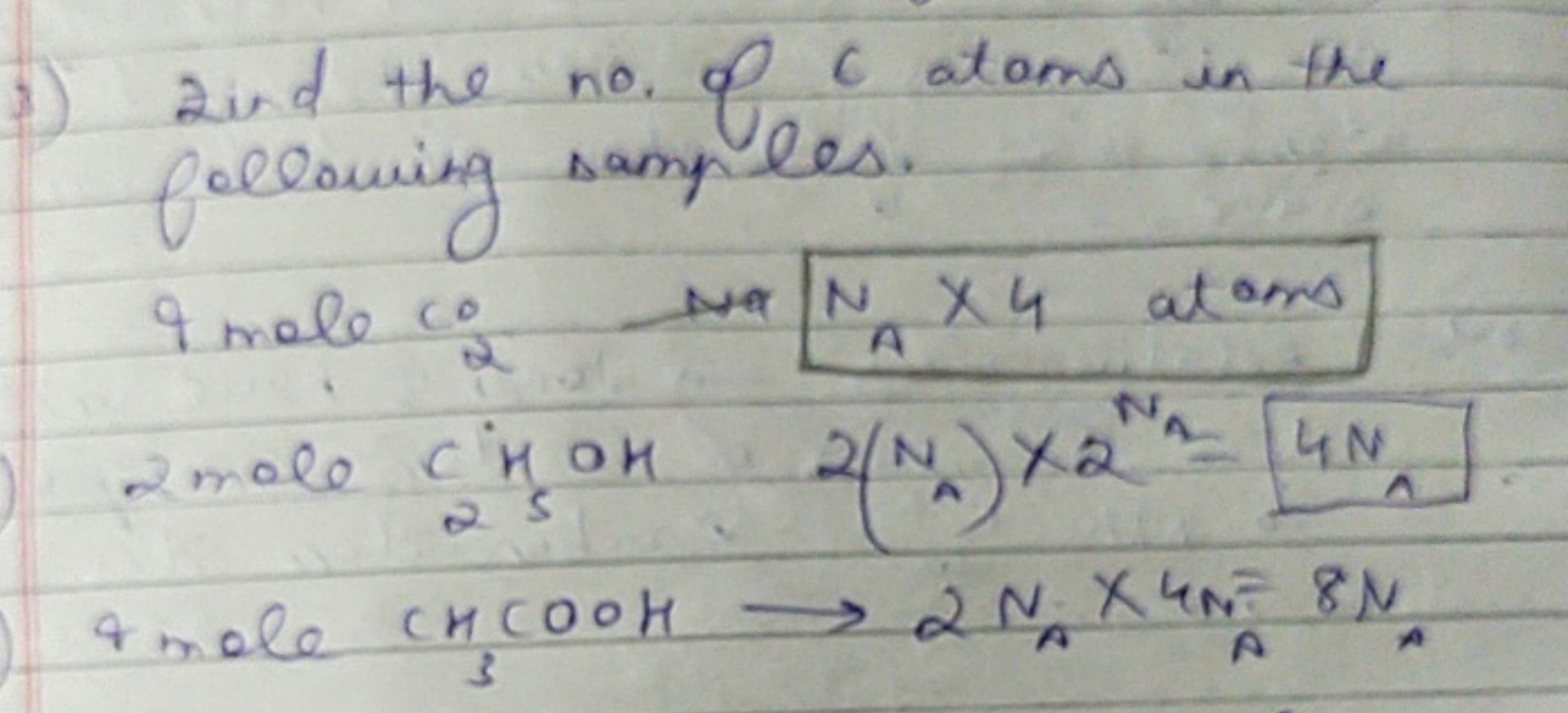 3) Lind the no. of C atoms in the following samples.
9 male co Na NA​×