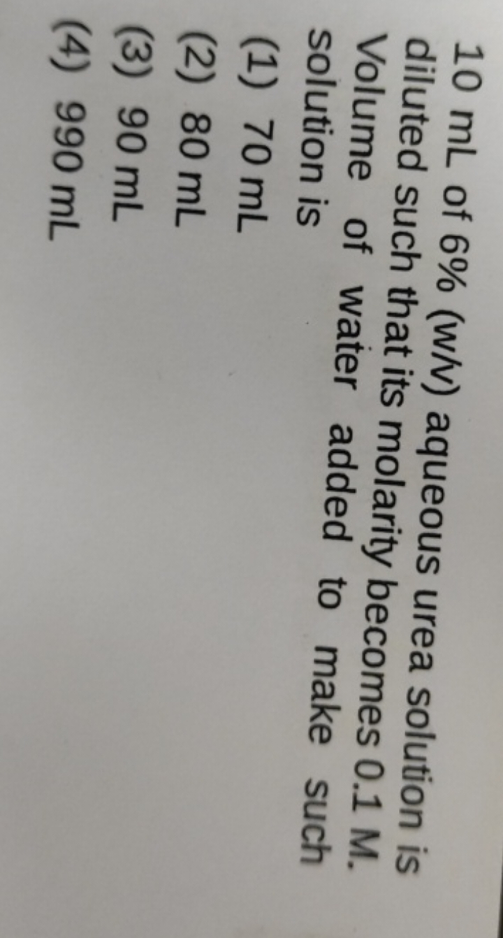 10 mL of 6%(w/v) aqueous urea solution is diluted such that its molari