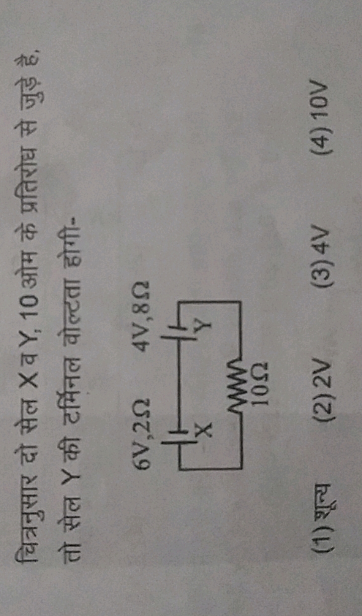 चित्रनुसार दो सेल X व Y,10 ओम के प्रतिरोध से जुड़े है, तो सेल Y की टर्