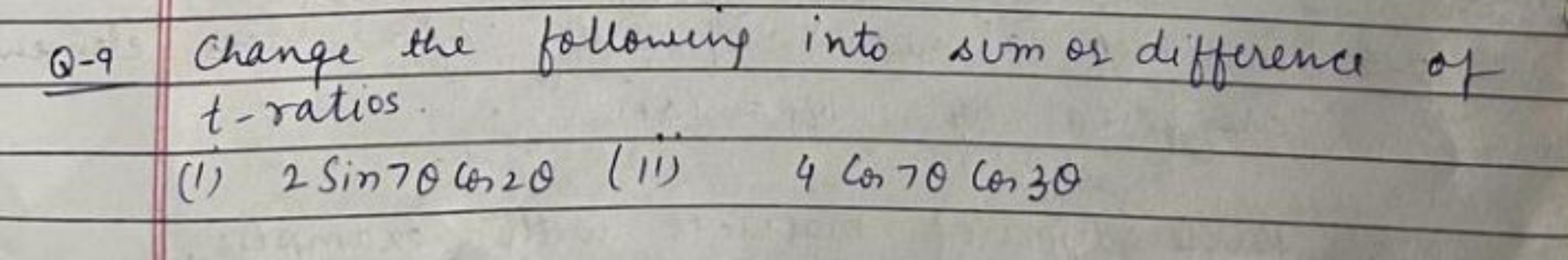 Q-9 Change the following into sim or difference of t-ratios.
(I) 2sin7