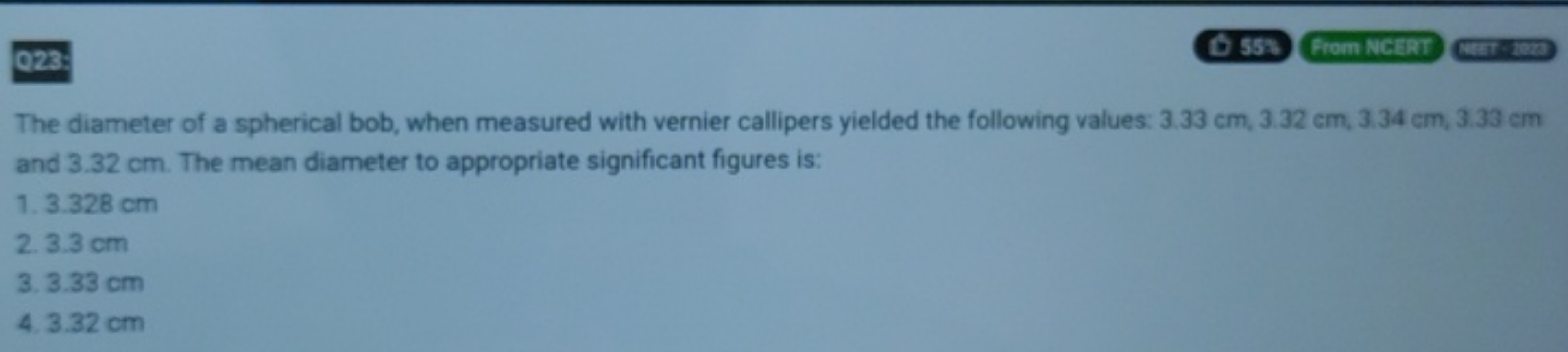 The diameter of a spherical bob, when measured with vernier callipers 