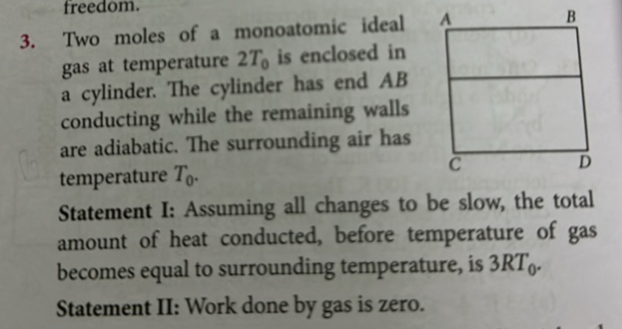 3. Two moles of a monoatomic ideal gas at temperature 2T0​ is enclosed