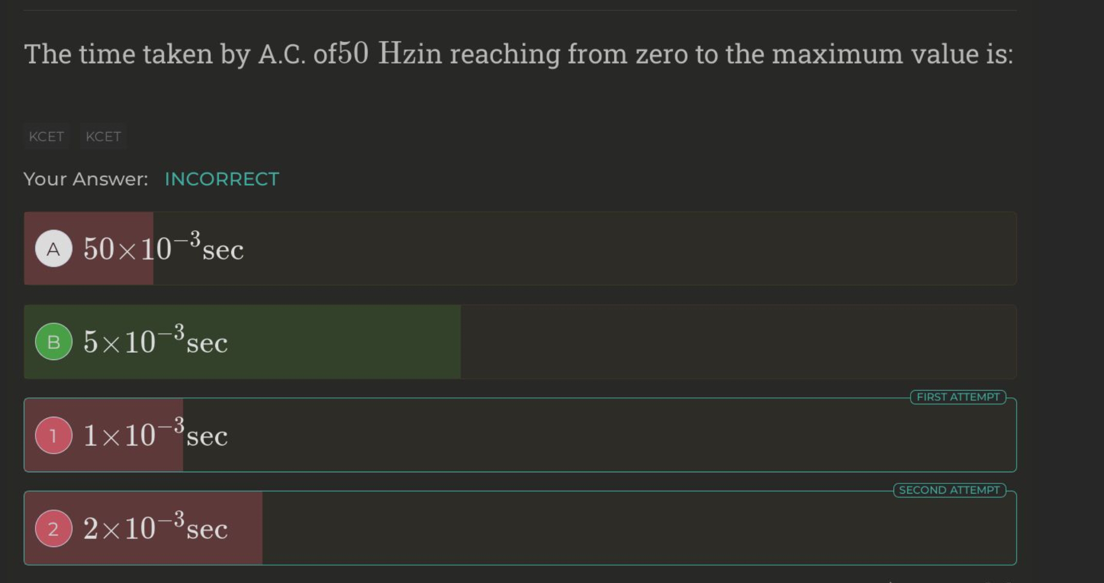 The time taken by A.C. of50 Hzin reaching from zero to the maximum val