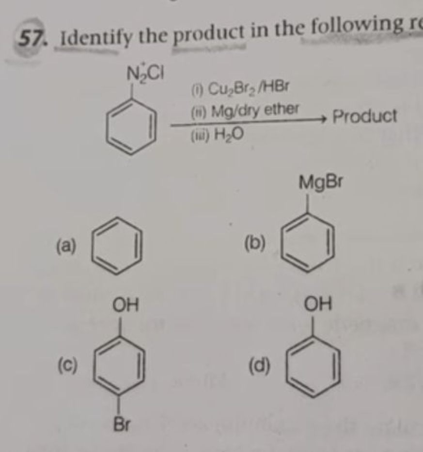 57. Identify the product in the following
Cl[Mg]c1ccccc1
(i) Cu2​Br2​/