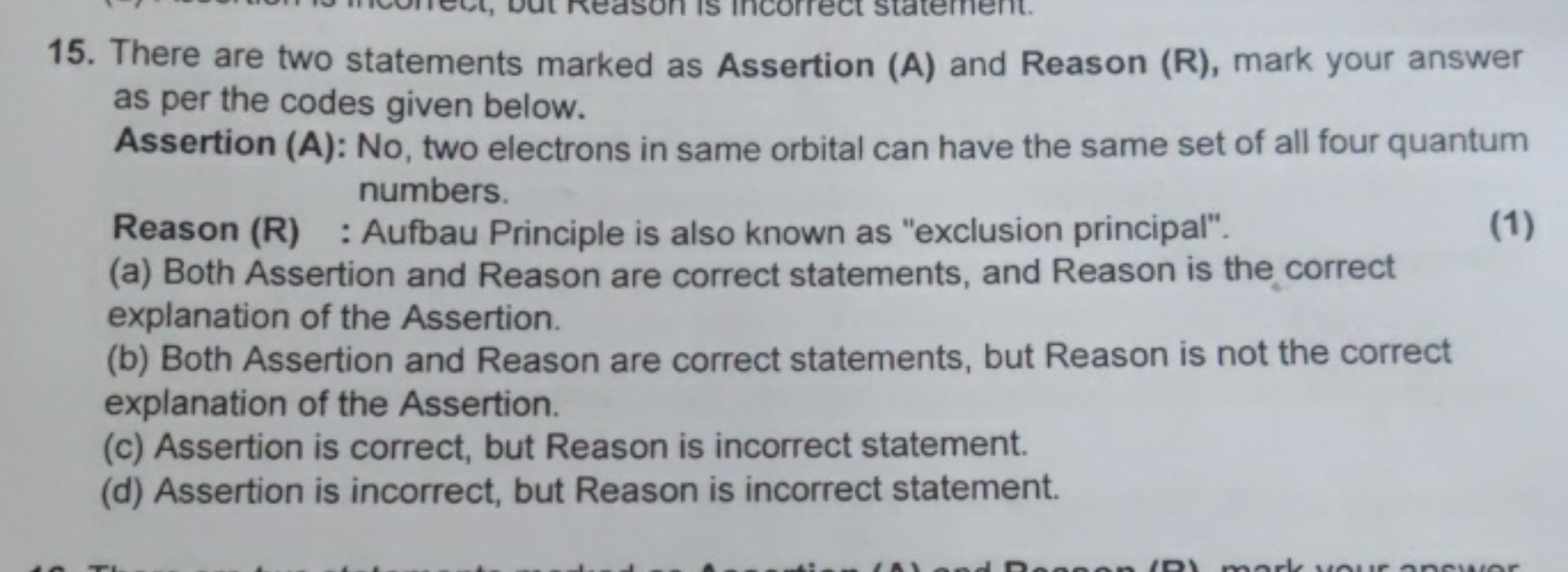 There are two statements marked as Assertion (A) and Reason (R), mark 