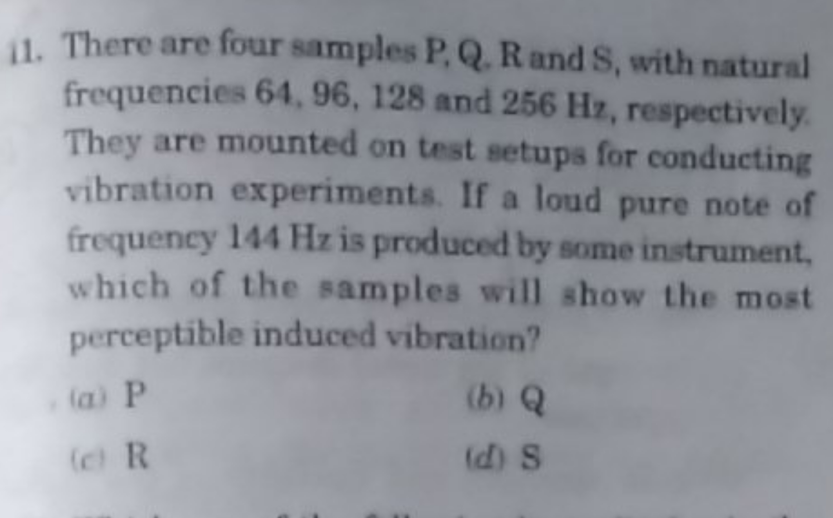 There are four samples P,Q,R and S, with natural frequencies 64,96,128