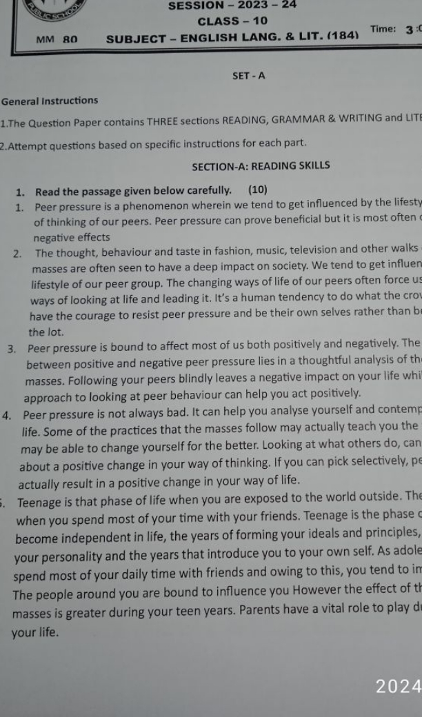 SESSION - 2023 - 24 CLASS - 10 MM 80 SUBJECT - ENGLISH LANG. \& LIT. (