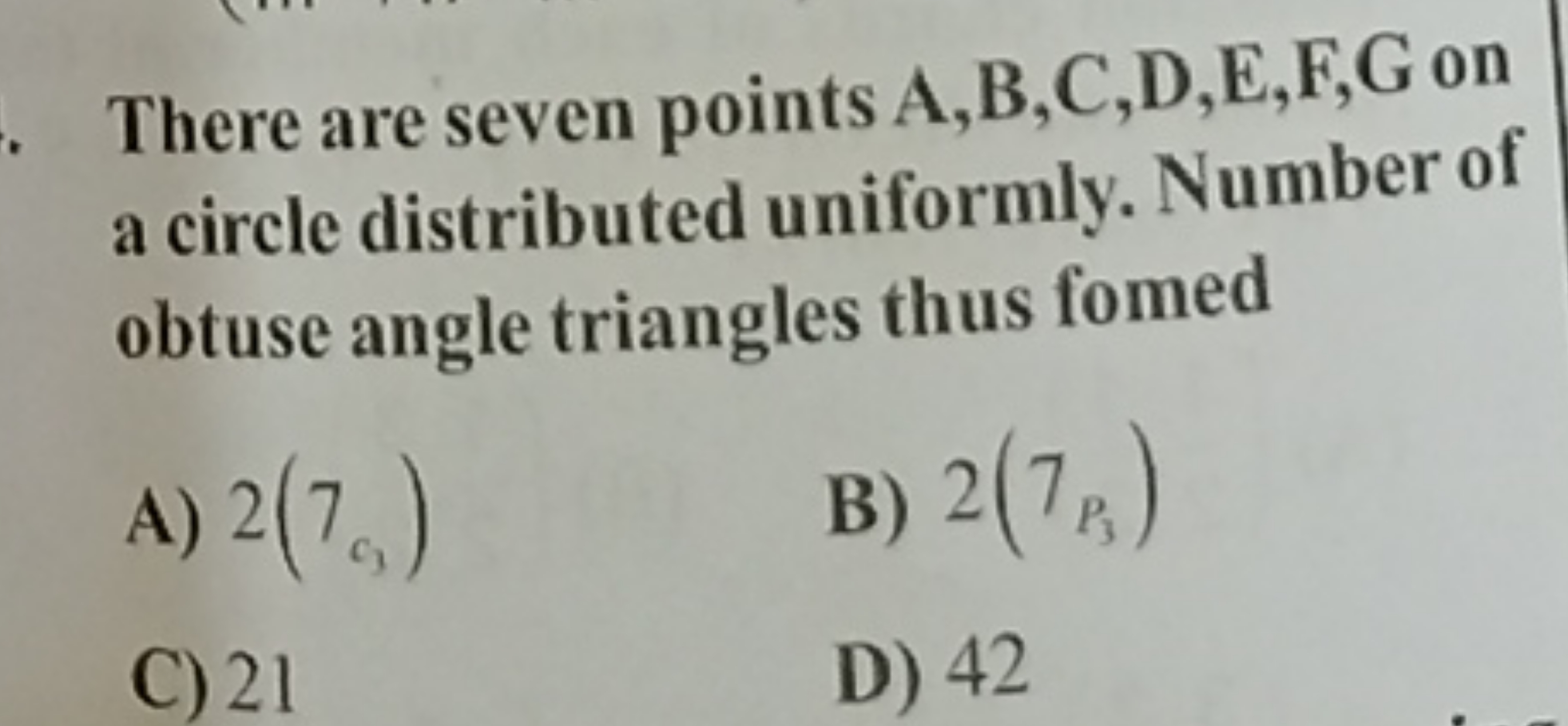 There are seven points A,B,C,D,E,F,G on a circle distributed uniformly