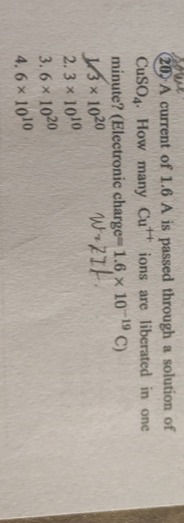 (20.) A current of 1.6 A is passed through a solution of CuSO4​. How m