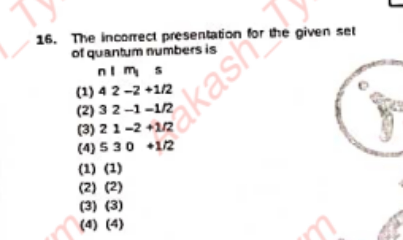 The incorrect presentation for the given set of quantum numbers is n I