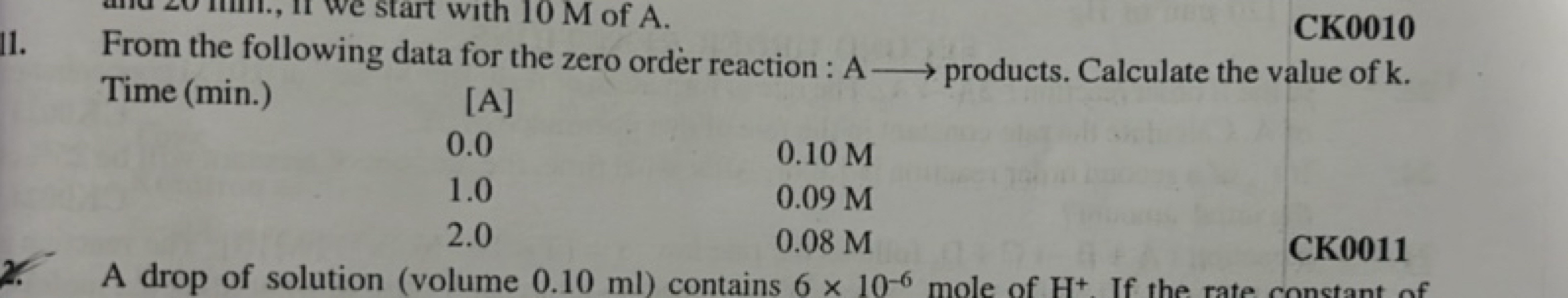 11. From the following data for the zero order reaction : A⟶ products.