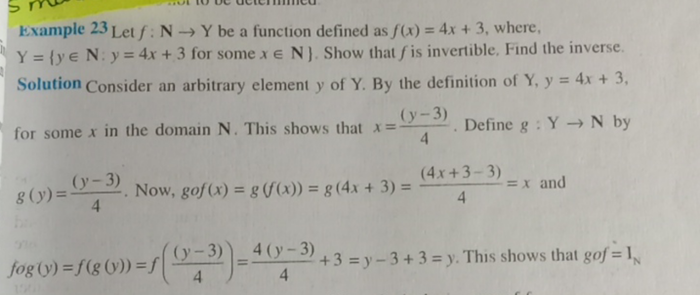 Example 23 Let f:N→Y be a function defined as f(x)=4x+3, where, Y={y∈N