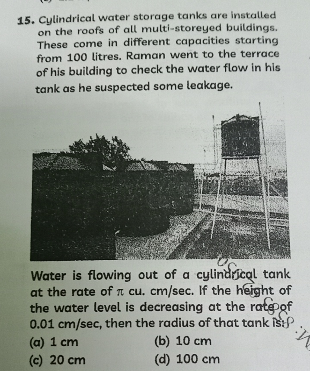 Cylindrical water storage tanks are installed on the roofs of all mult