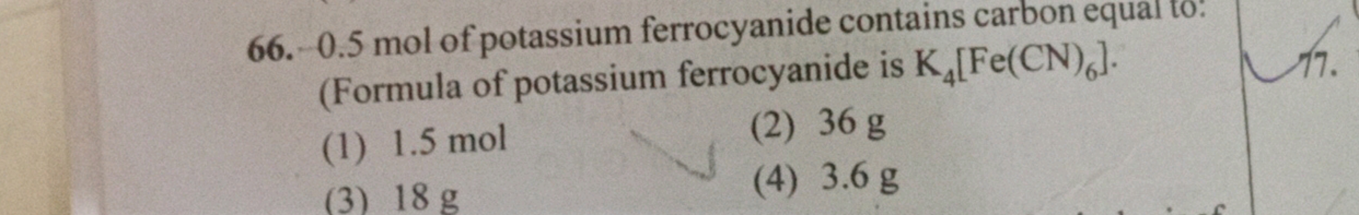 −0.5 mol of potassium ferrocyanide contains carbon equal to: (Formula 