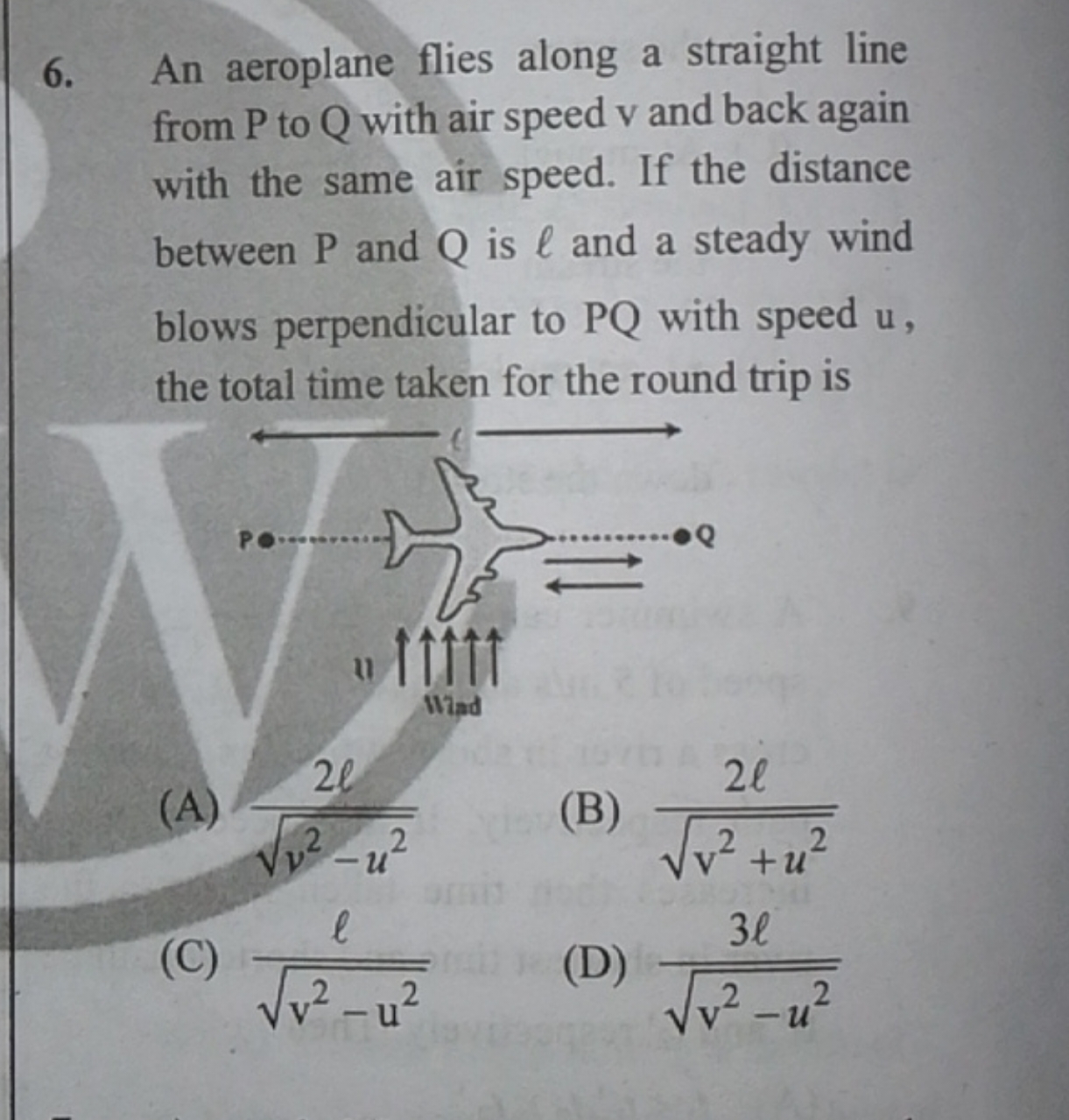 An aeroplane flies along a straight line from P to Q with air speed v 