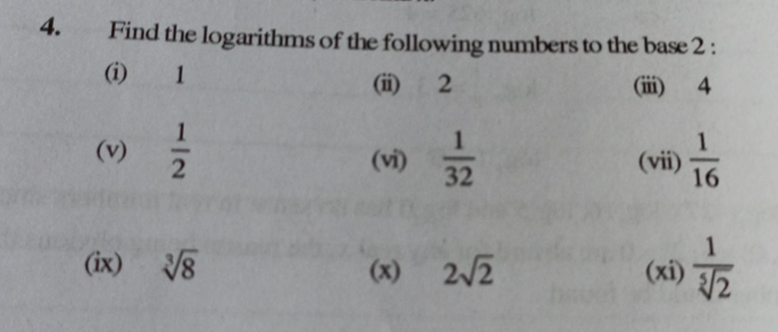 4. Find the logarithms of the following numbers to the base 2 :
(i) 1
