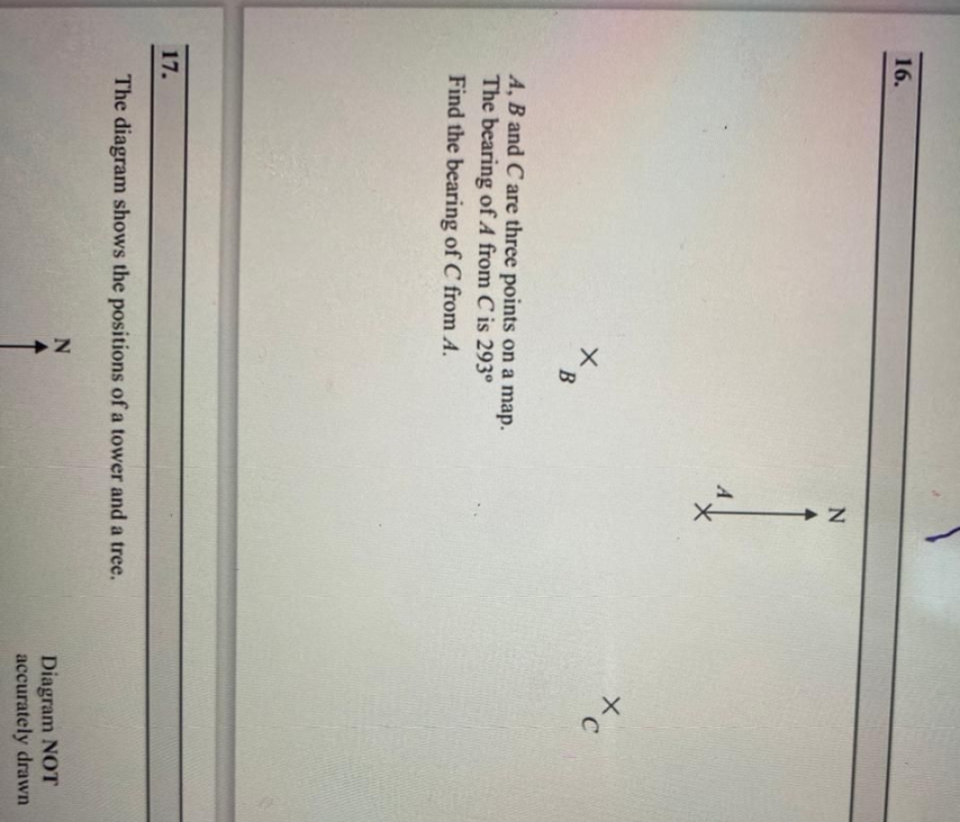 16.
A,B and C are three points on a map.
The bearing of A from C is 29