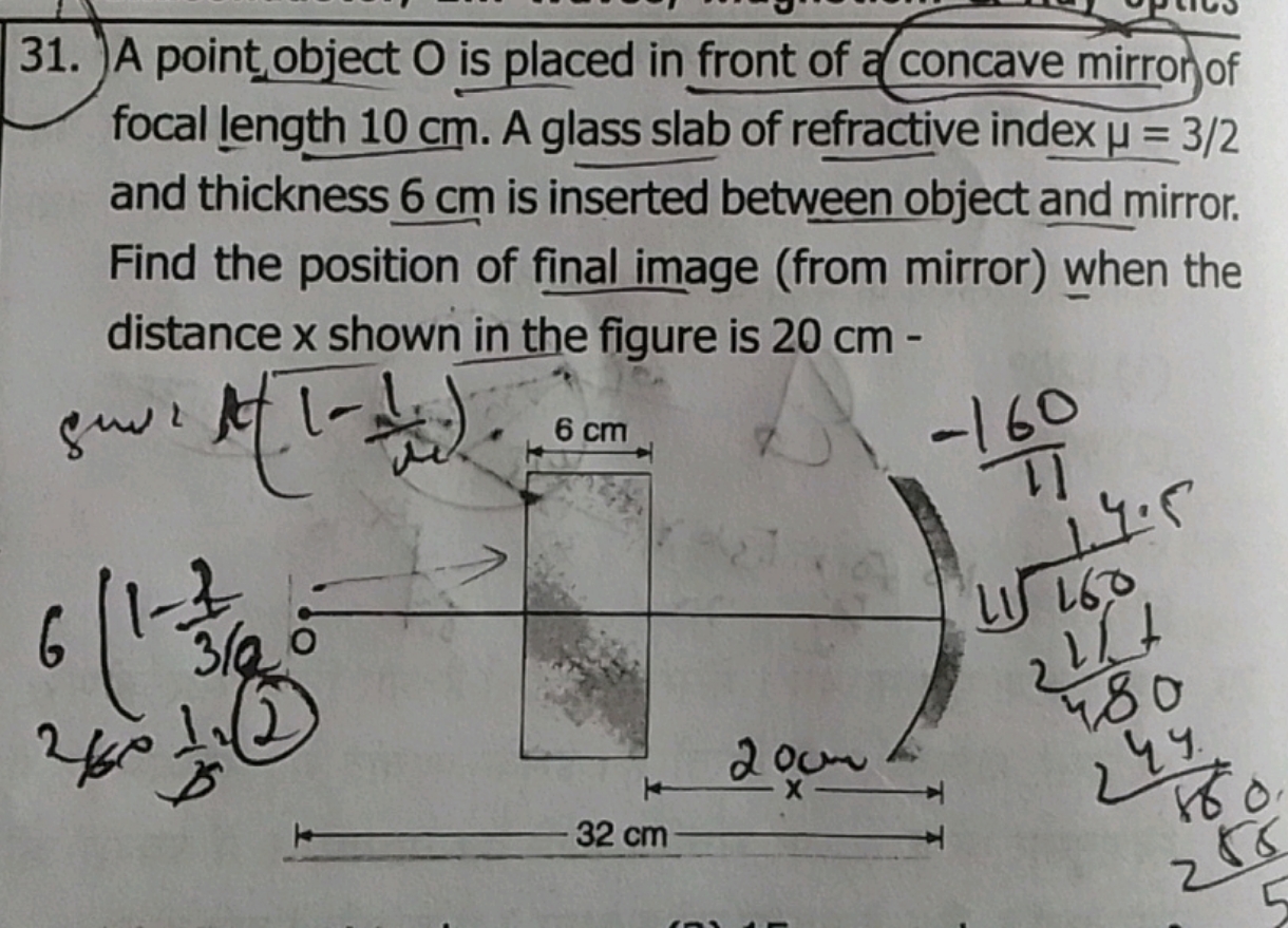 31. A point object O is placed in front of a concave mirror of focal l