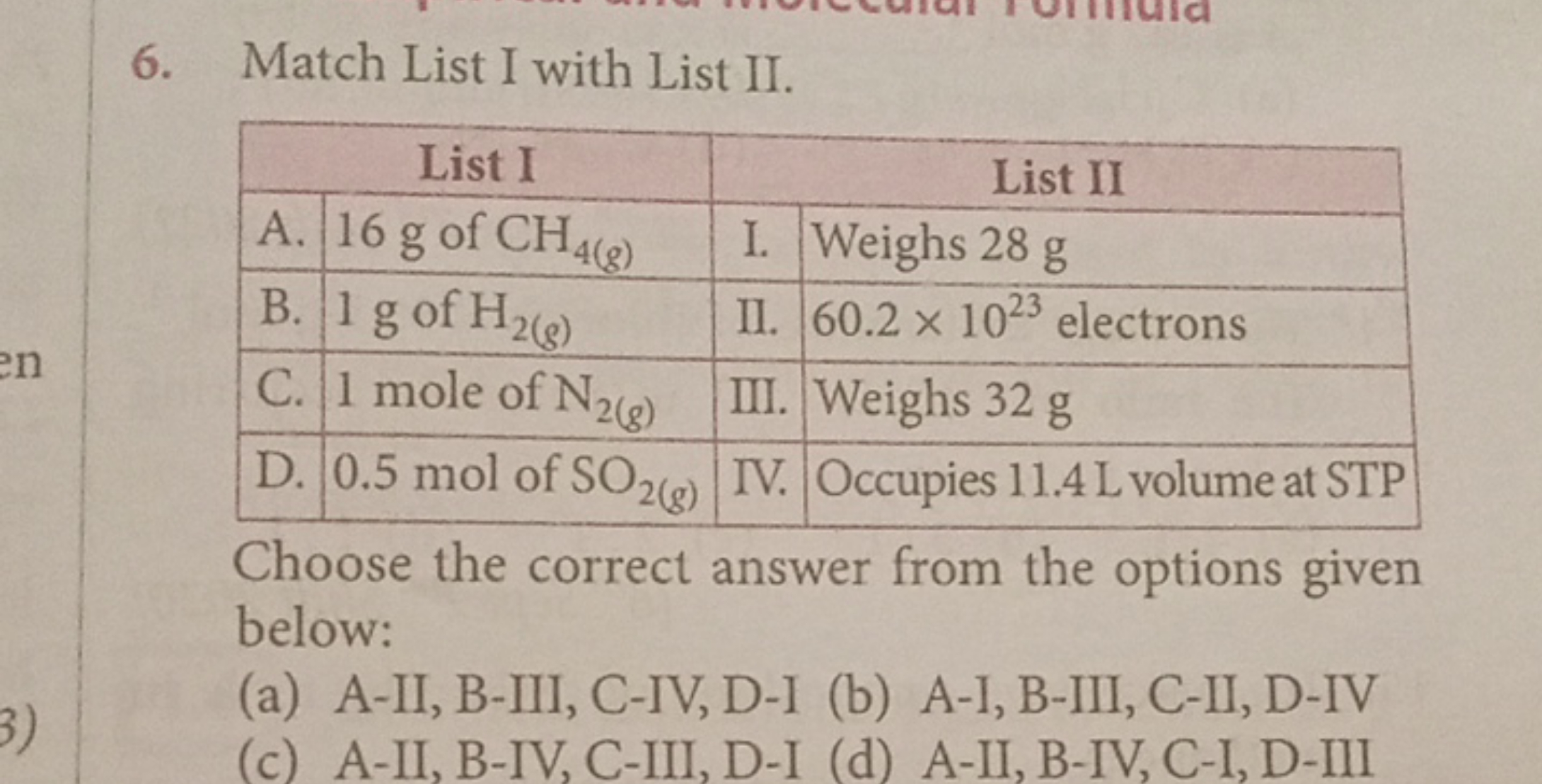 Match List I with List II. List IList IIA.16 g of CH4( g)​I.Weighs 28 