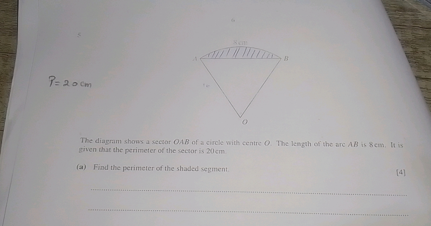 The diagram shows a sector OAB of a circle with centre O. The length o