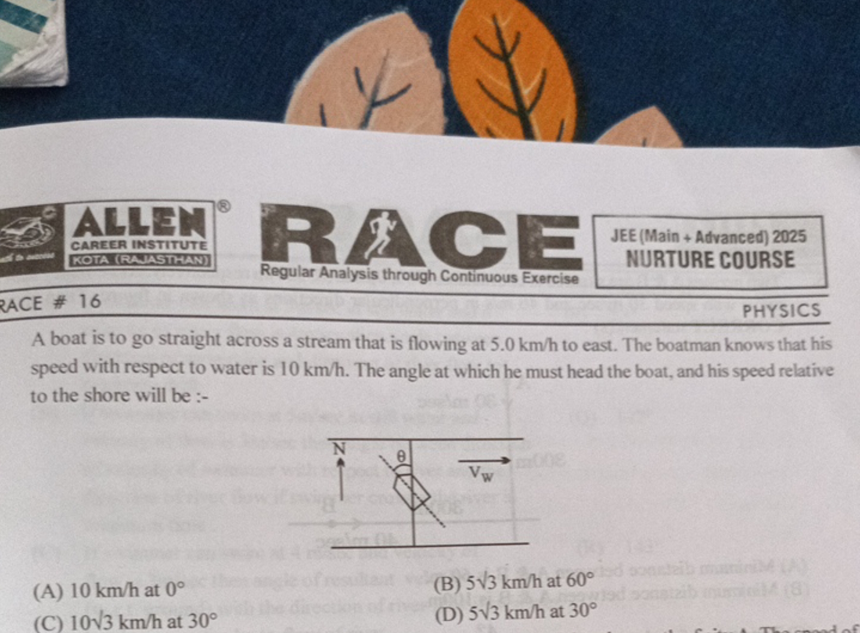 (A) 10 km/h at 0∘
(B) 53​ km/h at 60∘
(C) 10​3 km/h at 30∘
(D) 53​ km/