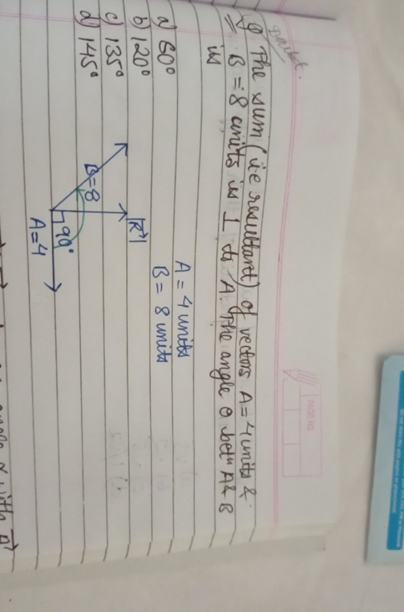 Q The sum (ie resultant) of vectors A=4 units \& B=8 cinits is 1 to A.