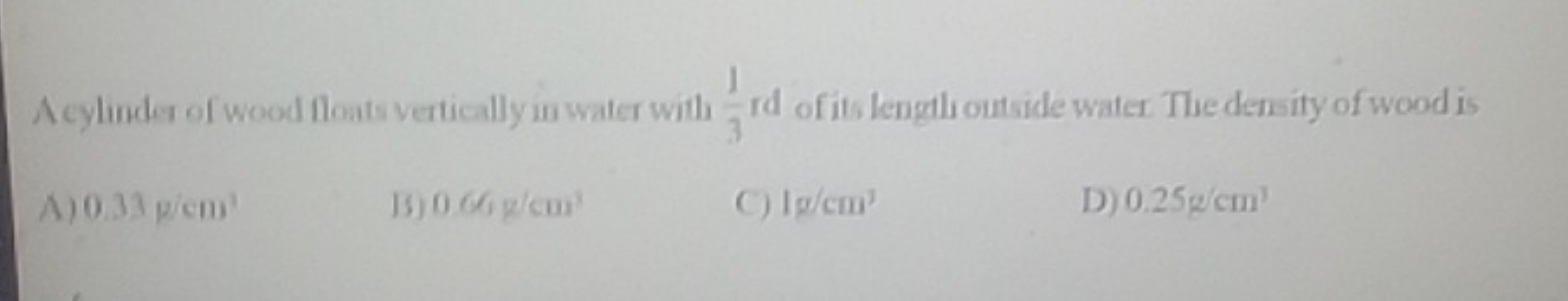 Acylinde of wood tloats vertically in water with 31​ rd of its lengli 