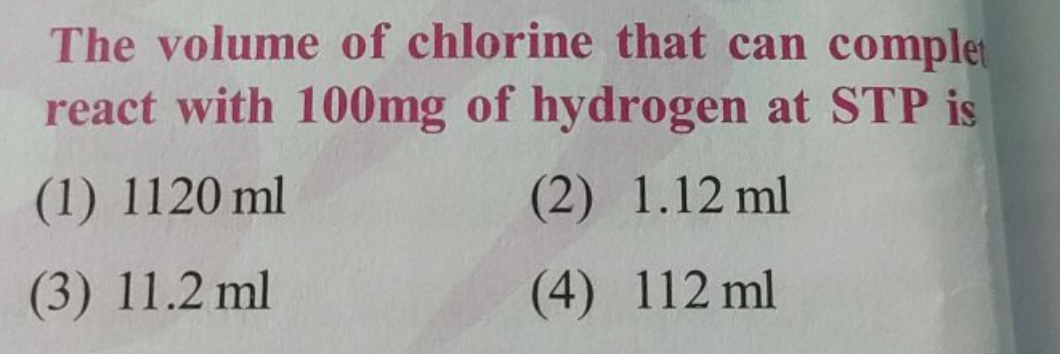 The volume of chlorine that can comple react with 100mg of hydrogen at