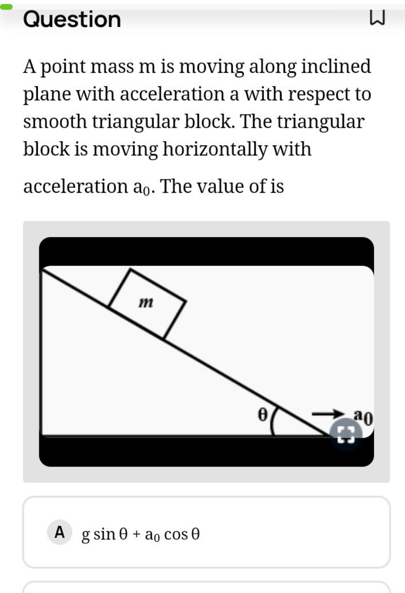 Question
W
A point mass m is moving along inclined plane with accelera