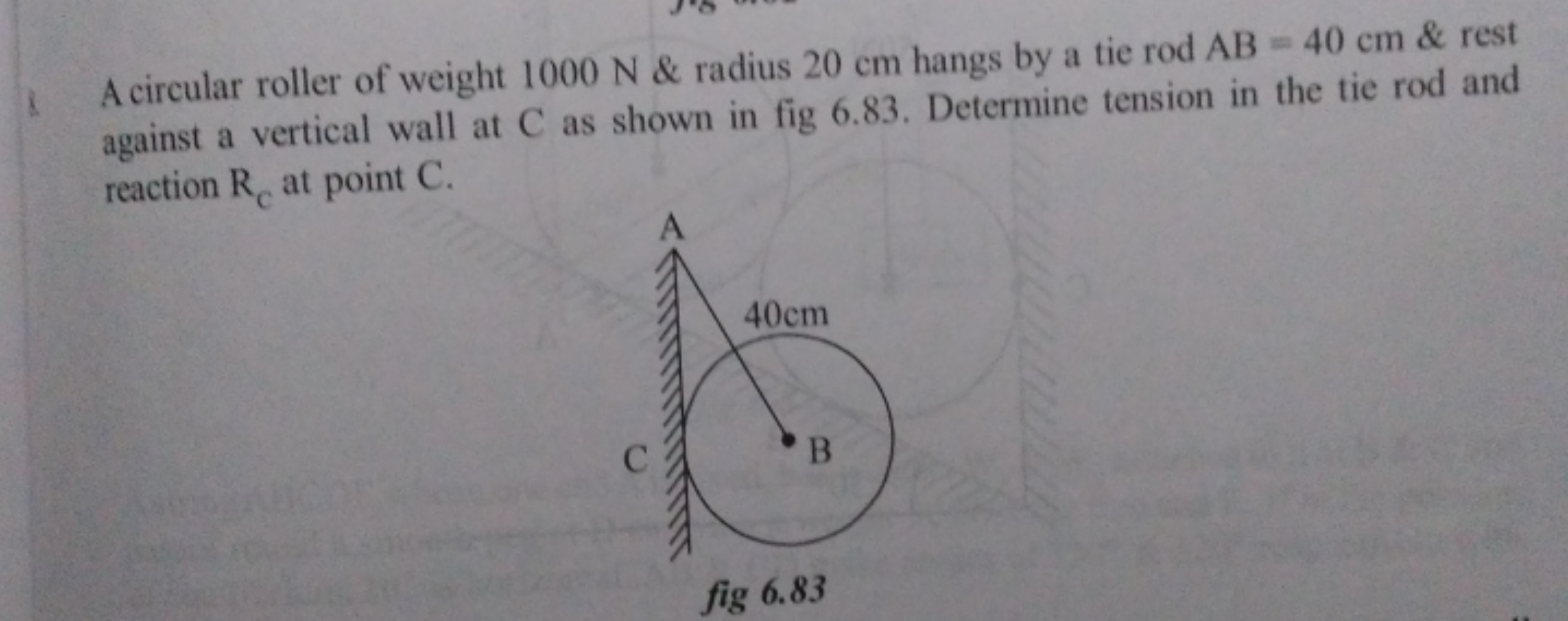 A circular roller of weight 1000 N \& radius 20 cm hangs by a tie rod 