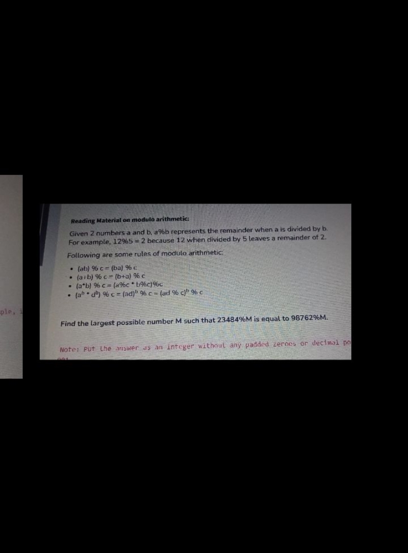 Reading Material on modulo arithmetic:
Given 2 numbers a and b,a%b rep