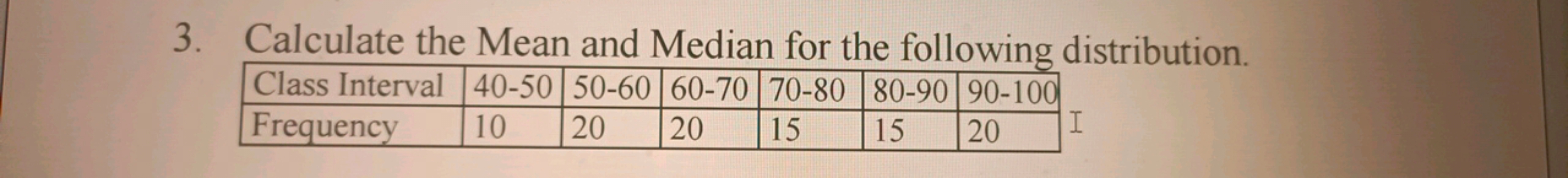 3. Calculate the Mean and Median for the following distribution.
Class