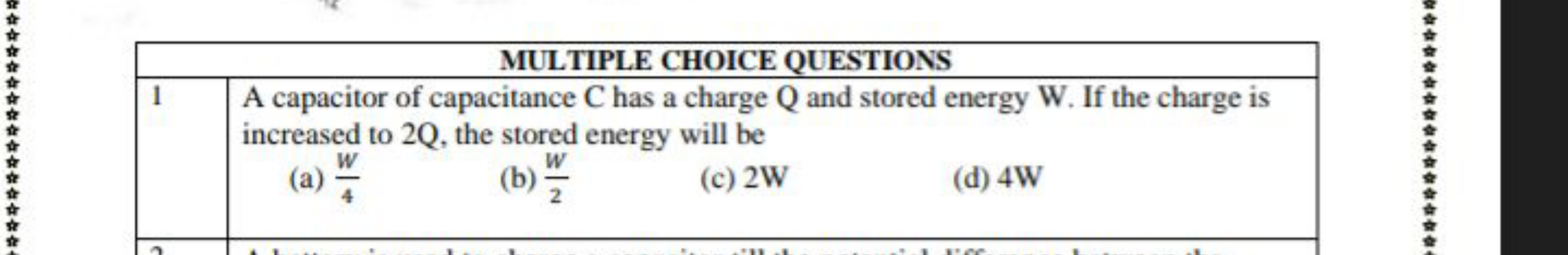 MULTIPLE CHOICE QUESTIONS1\begin{tabular}{l} 
A capacitor of capacitan