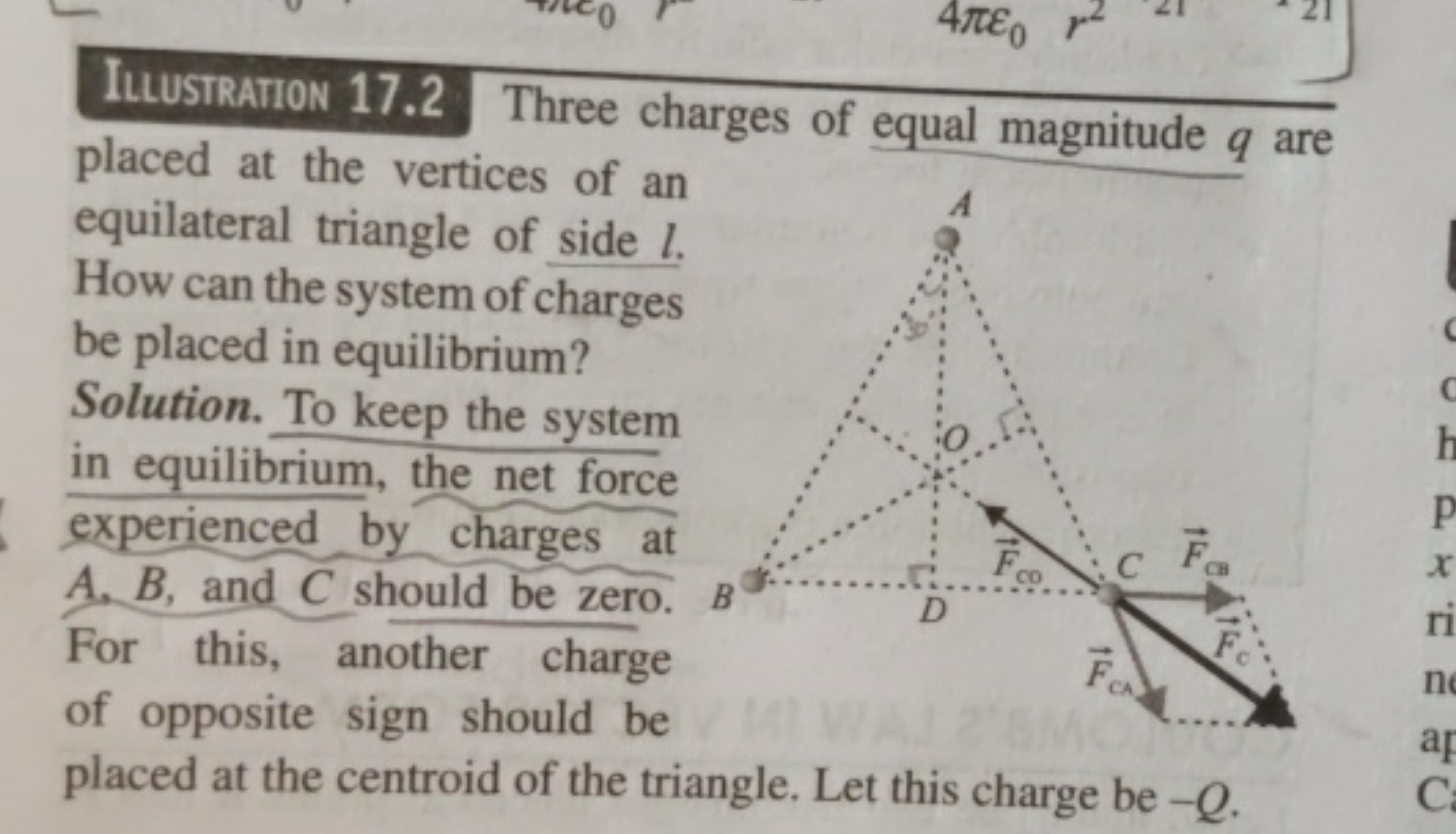 ILUSTRATION 17.2 Three charges of equal magnitude q are placed at the 