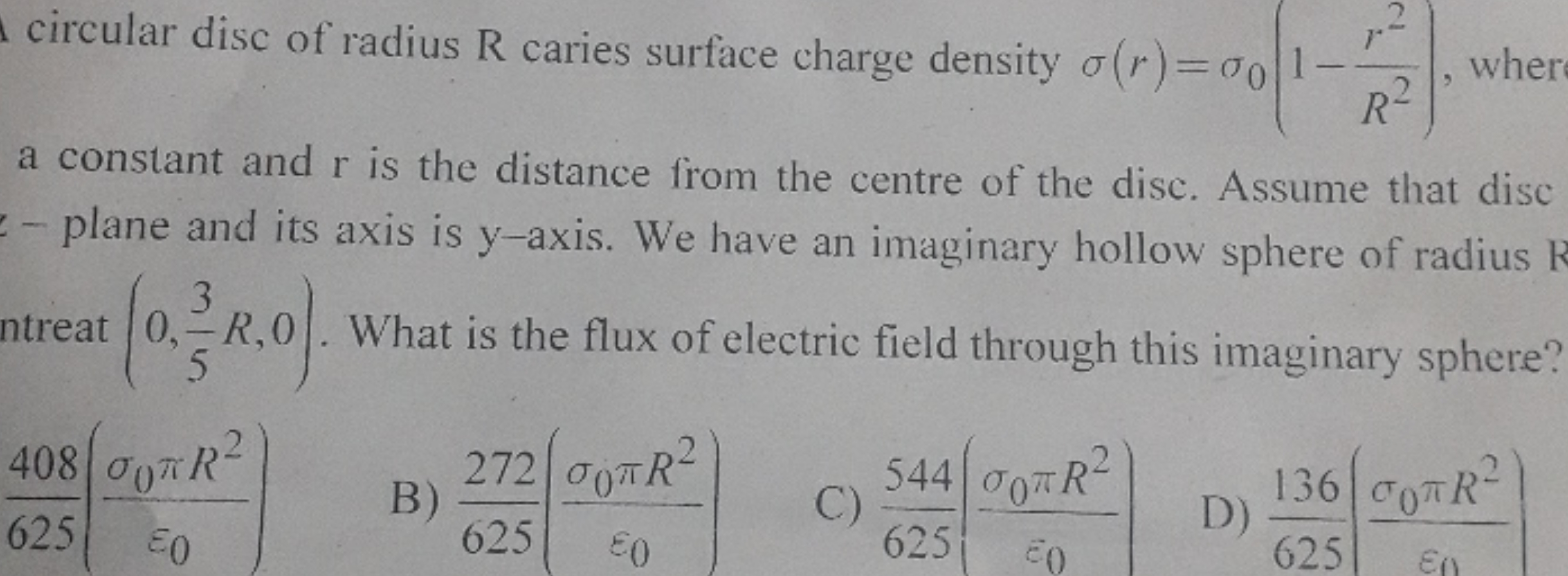 circular disc of radius R caries surface charge density σ(r)=σ0​(1−R2r