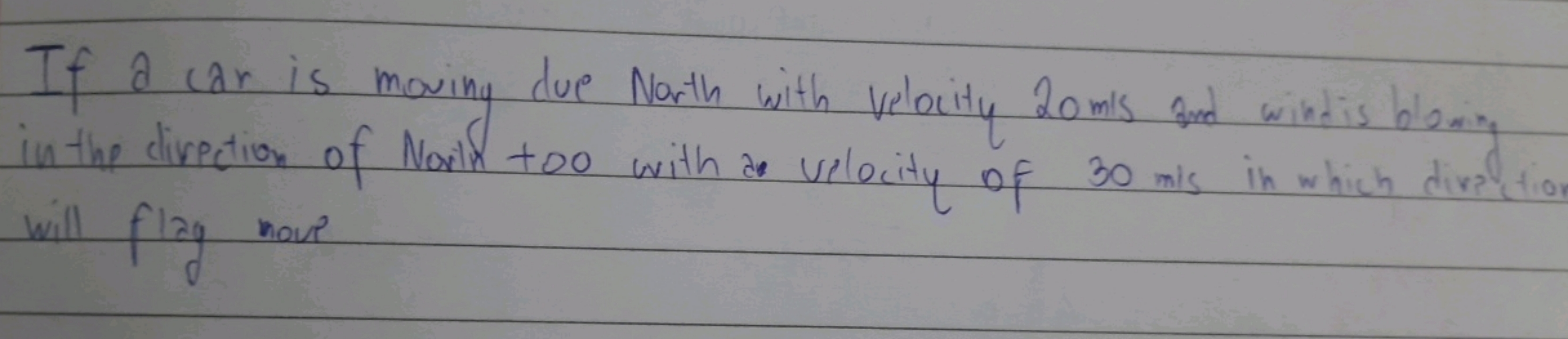 If a car is moving due North with velocity 20mls and wile dis blown g 
