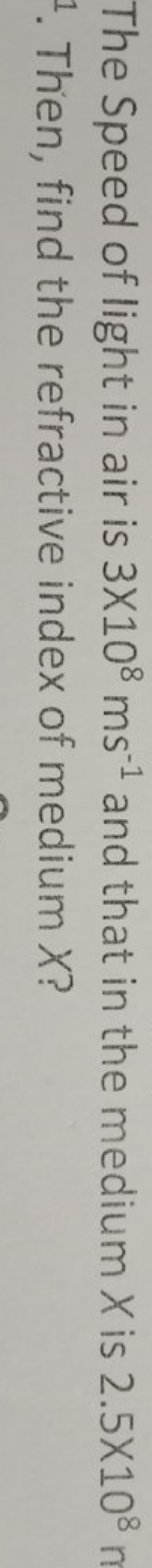 The Speed of light in air is 3×108 ms−1 and that in the medium X is 2.