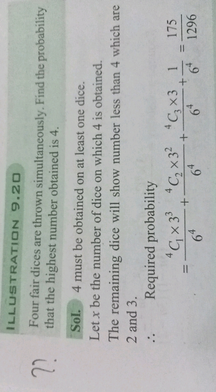 Four fair dices are thrown simultaneously. Find the probability that t