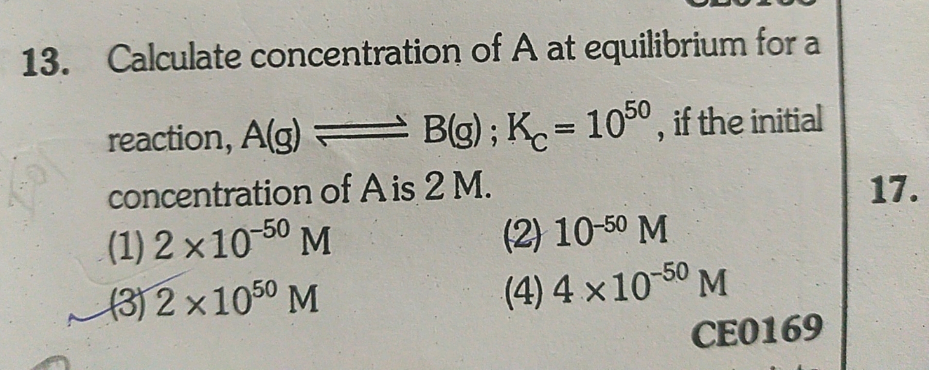 Calculate concentration of A at equilibrium for a reaction, A( g)⇌B(g)