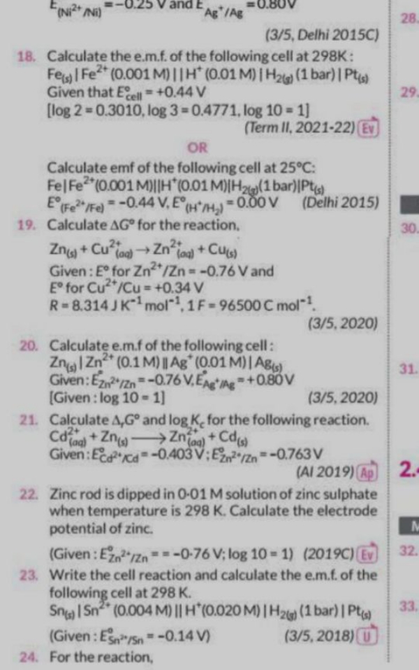 (3/5, Delhi 2015C)
18. Calculate the e.m.f. of the following cell at 2