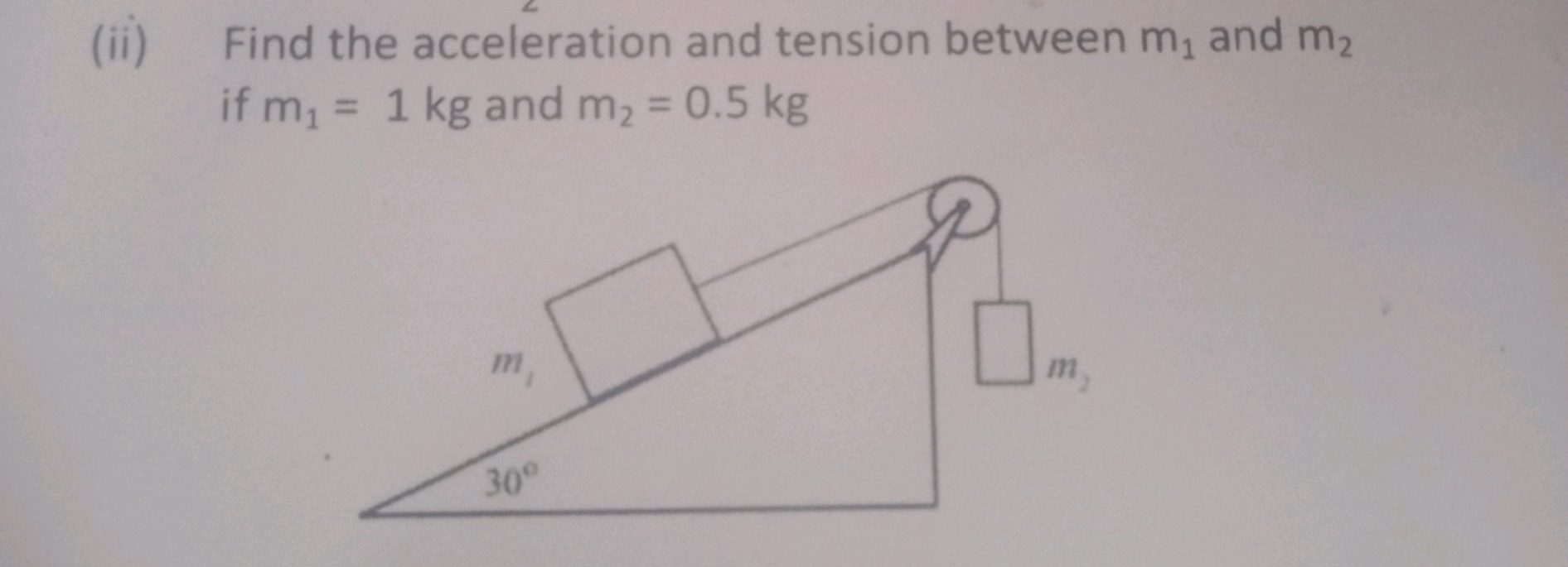 (ii) Find the acceleration and tension between m1​ and m2​ if m1​=1 kg