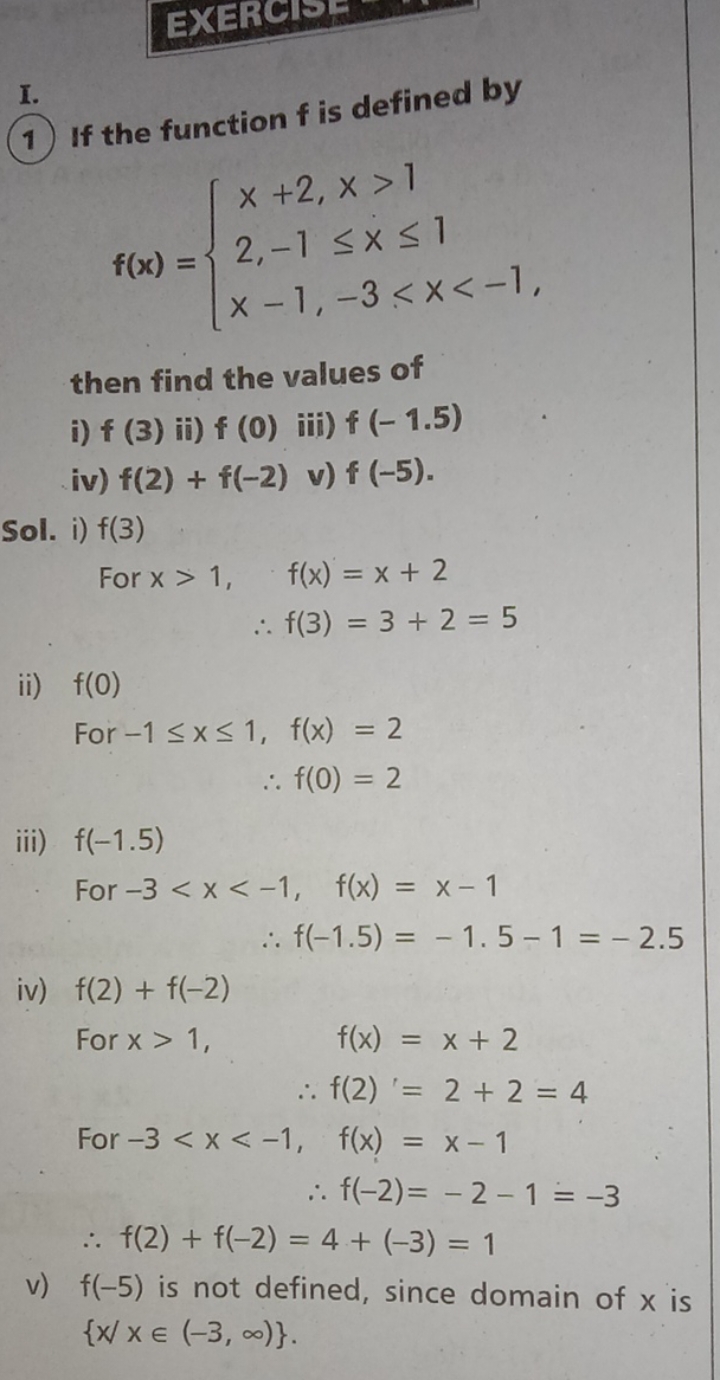 I.
(1) If the function f is defined by
f(x)=⎩⎨⎧​x+2,x>12,−1≤x≤1x−1,−3<