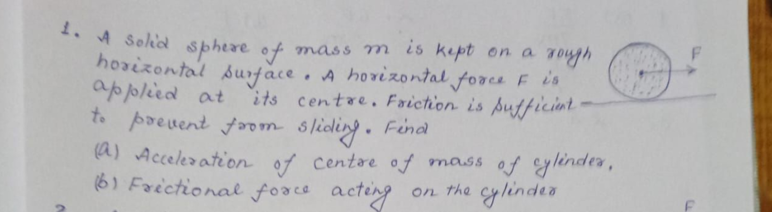 1. A solid sphere of mass m is kept on a rough horizontal surface. A h