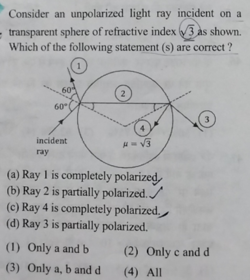 Consider an unpolarized light ray incident on a transparent sphere of 