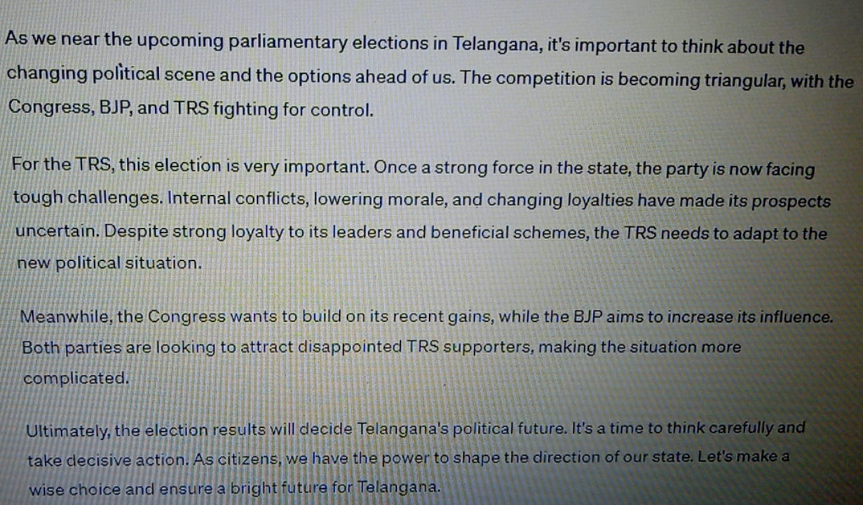As we near the upcoming parliamentary elections in Telangana, it's imp