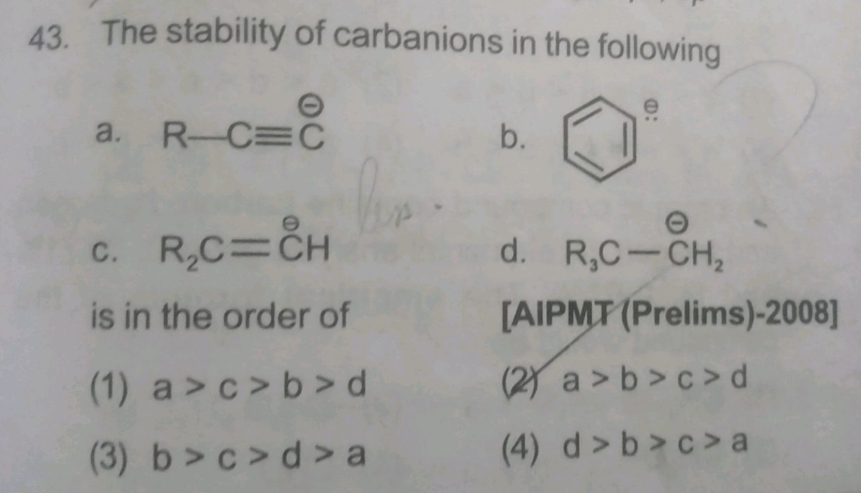 The stability of carbanions in the following a. [R]C#[C-] b. [c-]1cccc