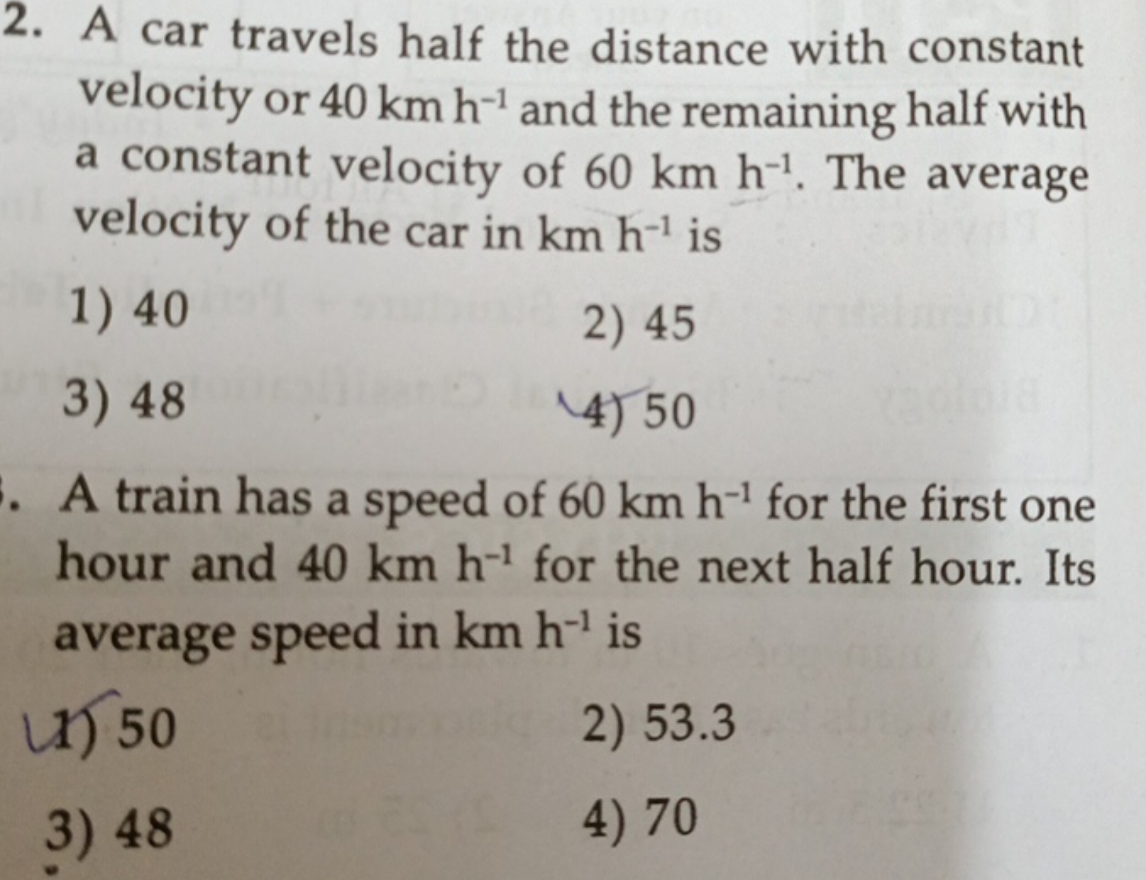 A car travels half the distance with constant velocity or 40 km h−1 an